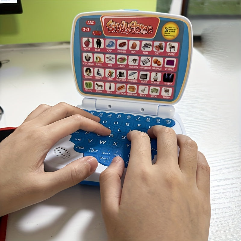 Mini laptop toy for kids - Educational and entertaining puzzle pad, easily portable, battery-free, available in pink or blue.