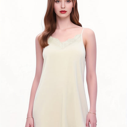 Solid lace trim slip dress with V-neck and backless design for women's comfortable sleepwear