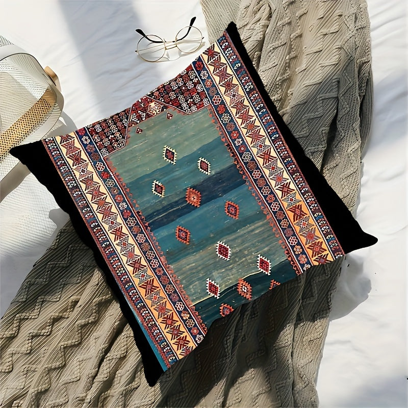 Soft polyester throw blanket with a short plush texture measuring 45.72x45.72 cm - featuring an antique Turkish Kilim design that is ideal for enhancing the décor of your living room, sofa, or bedroom. This blanket is machine washable and has a zip