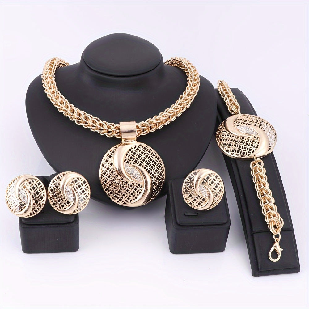 Extravagant Golden Rhinestone Jewelry Set - Complete with Necklace, Earrings, Bracelet & Ring | Ideal for Weddings & Special Events