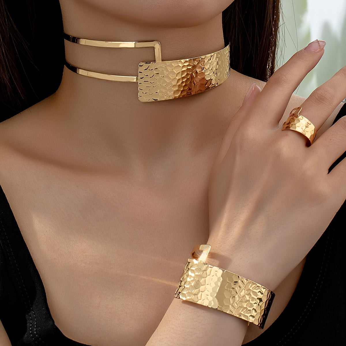 Chic Boho 3-Piece Jewelry Set for Women, Featuring 18K Gold Plated Textured Geometric Choker, Cuff Bracelet, and Ring. Perfect for Daily Wear or Special Occasions, Elevate Your Style with These Versatile Fashion Accessories.