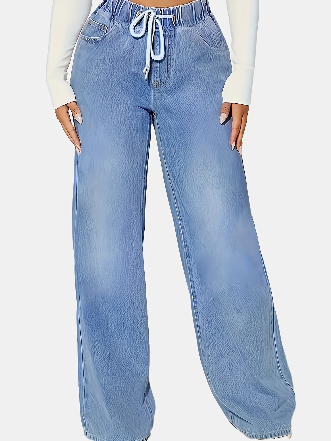 Women's light blue elastic waist drawstring washed stretchy straight-leg wide-leg jeans with slant pockets.