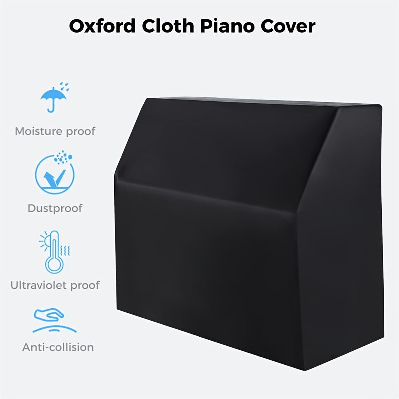 Waterproof and dustproof piano cover made of silvery-coated oxford fabric for sunlight and moisture protection in black.