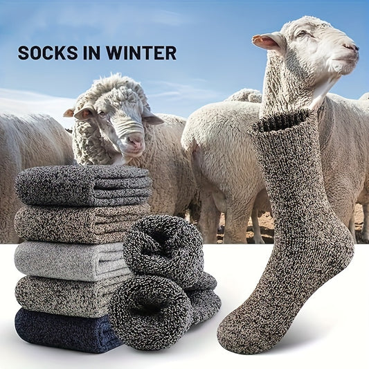 3 or 5 pairs of men's thick warm terry crew socks in solid colors for winter