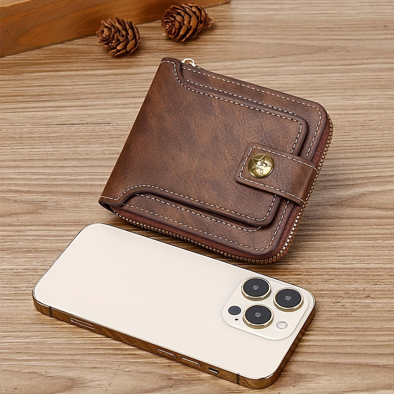 Men's small PU zipper bag with button decoration, credit card holder, and bifold design.