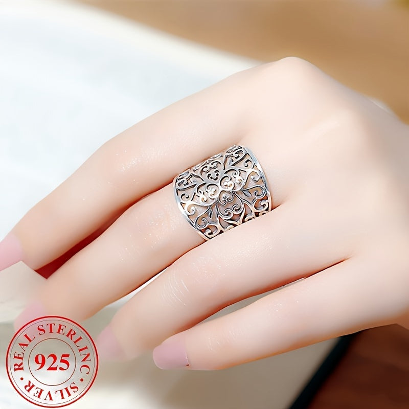 925 Silver Hollow Vine Wide Band Ring with Wide Hollow Leaf Pattern - Perfect Bohemian Gift (Comes with Gift Box)