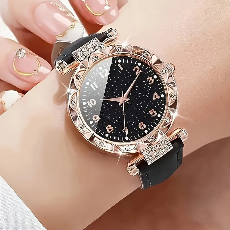 Chic 5-piece women's set includes starry sky quartz watch with oval jewelry, zinc alloy case, PU leather strap, and analog display. Ideal gift for Ramadan and Mother's Day.