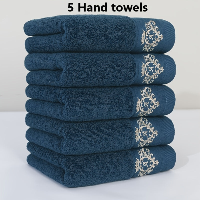 5 pure cotton towels with crown pattern embroidery, 450gsm, suitable for home bathroom and makeup room.