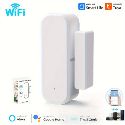 WiFi-enabled home security system with magnetic sensors for doors/windows, voice control, app remote access, customizable modes, and compatibility with Alexa and Google Assistant.