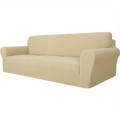 Jacquard fitted sofa slipcover with elastic band, machine washable polar fleece fabric. Compatible with various sofa sizes. Protects furniture from dust and cat scratches.