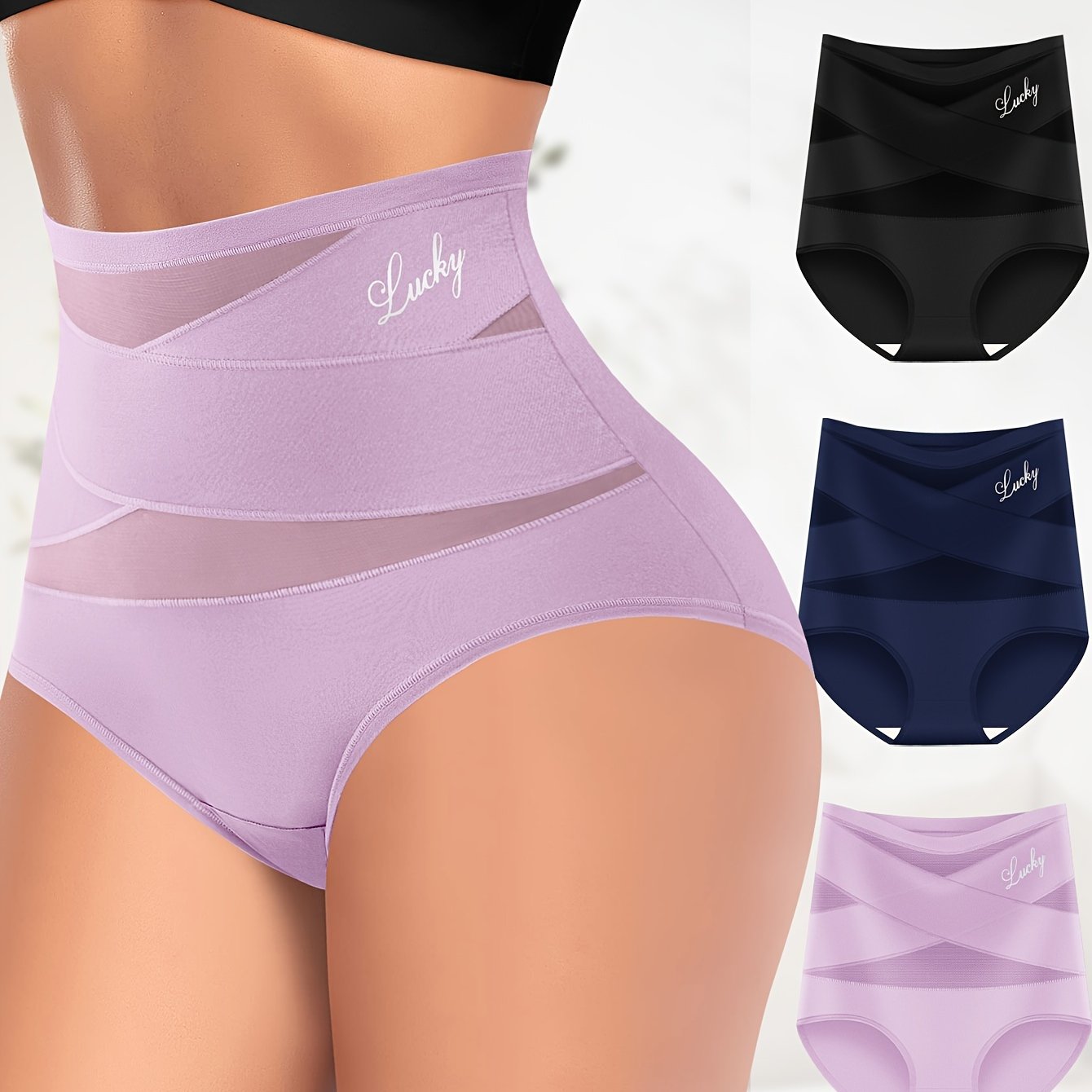 High-waisted tummy control panties, breathable mesh, seamless triangle shapewear with butt lifting feature (3 pieces).