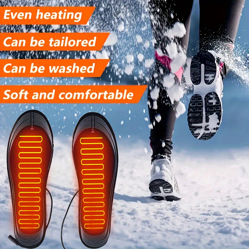 Heated shoe insoles for men and women, cuttable and washable, provide electric foot warming.