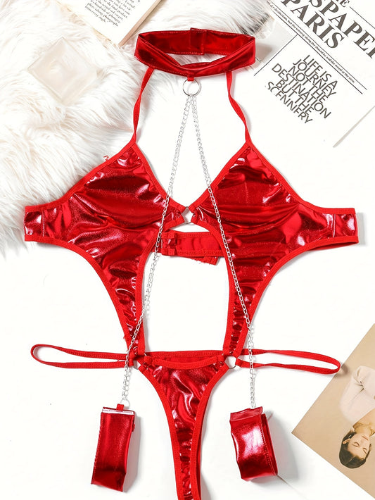 Red patent leather bodysuit with metal chain details, adult costume with bondage elements, solid color, knit fabric, single piece design.