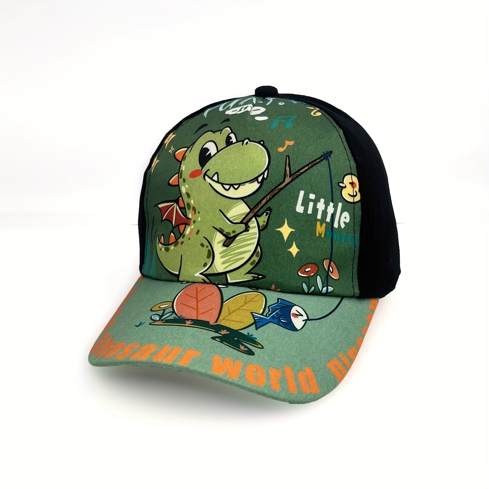 Adjustable cartoon dinosaur print baseball cap for boys and girls.