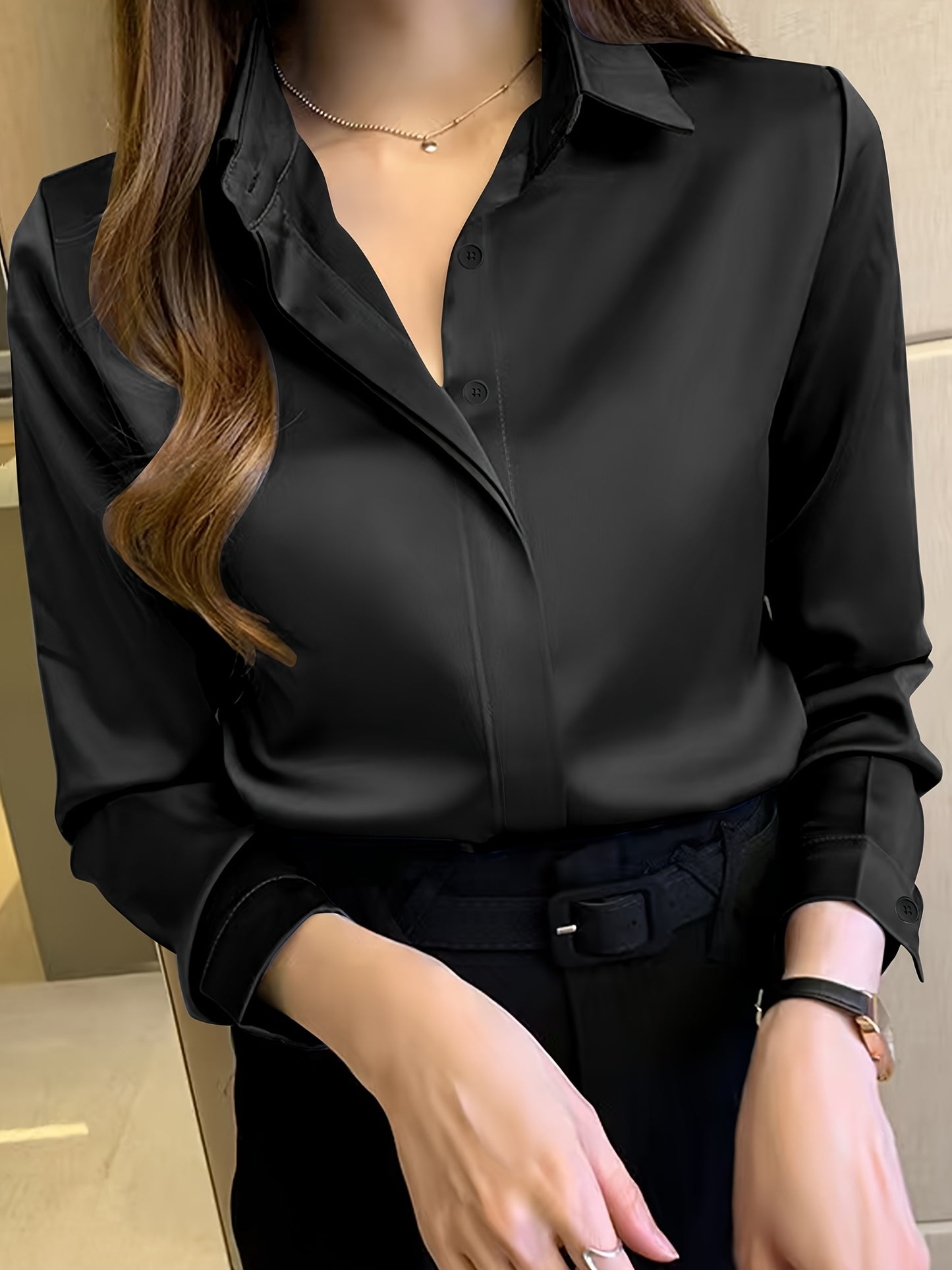 Stylish navy blue long sleeve blouse for women - suitable for work, semi-sheer polyester with button detail, ideal for spring/fall