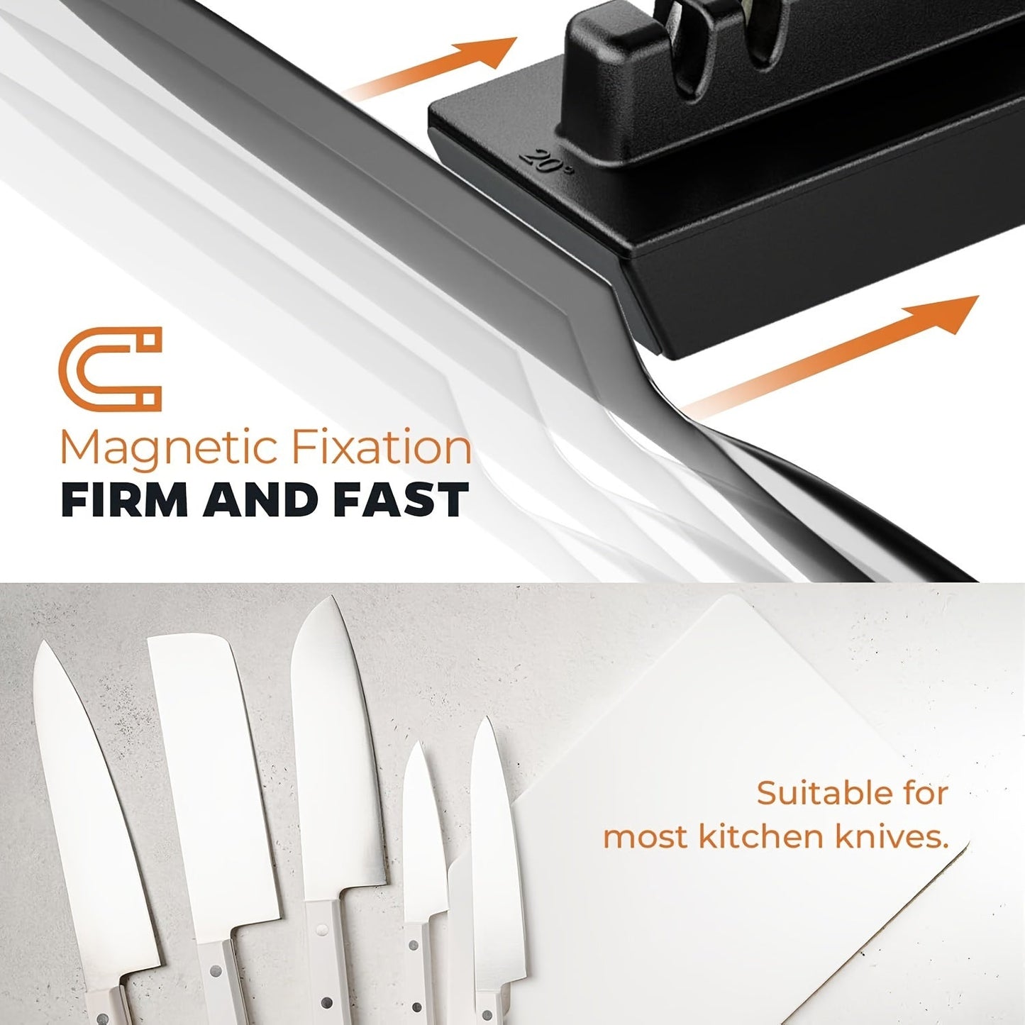 This knife sharpener set features diamond and corundum grinding discs, a magnetic angle base with 15° and 20° angles, and is suitable for all steel hardness. It can be used on kitchen knives, chef knives, scissors, and wooden materials without the need