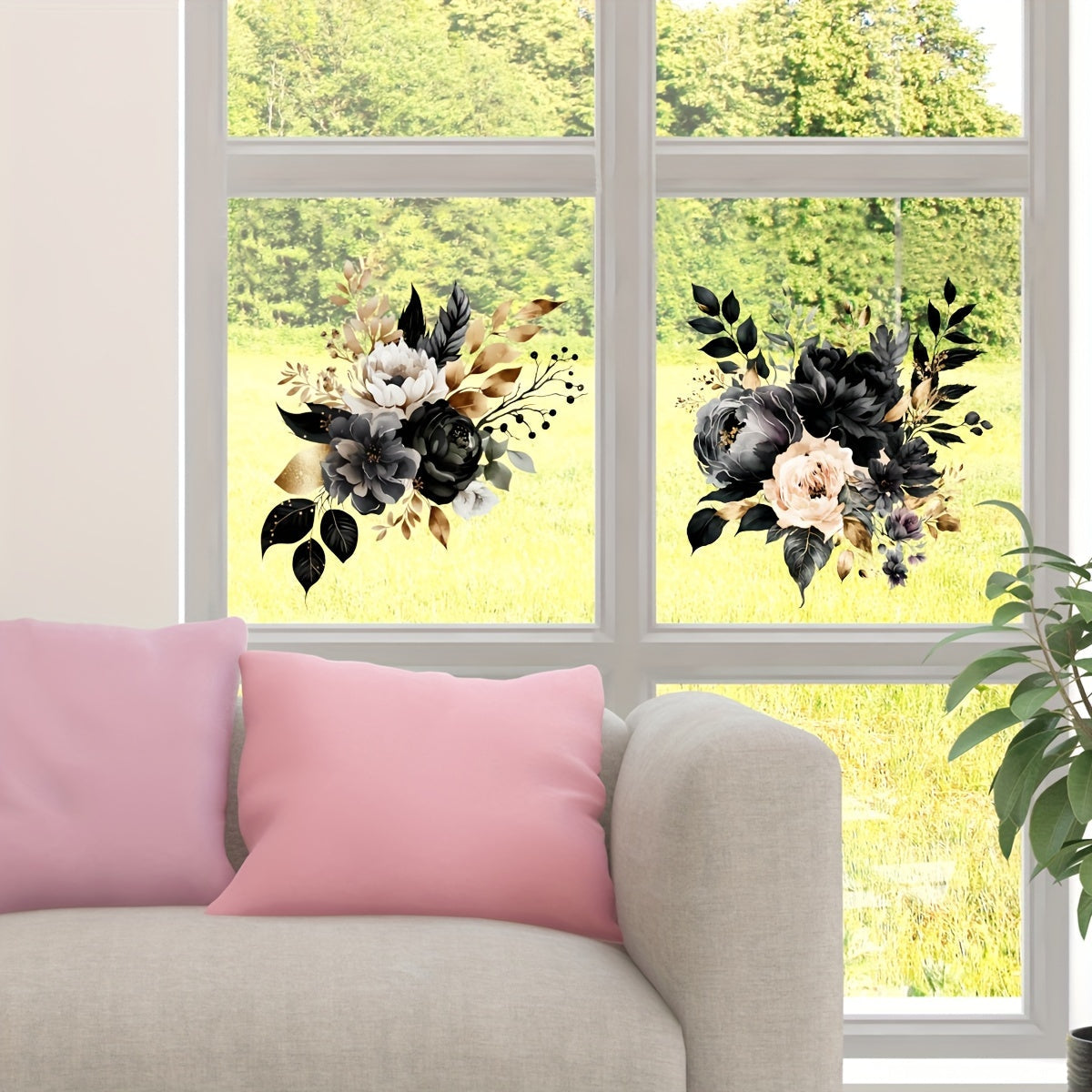 2 Elegant Floral Window Clings in Contemporary Black and Golden PVC - Decorative Glass Decals, Self-Adhesive and Removable Stickers for Displaying in Home and Office Windows, Window Decorations