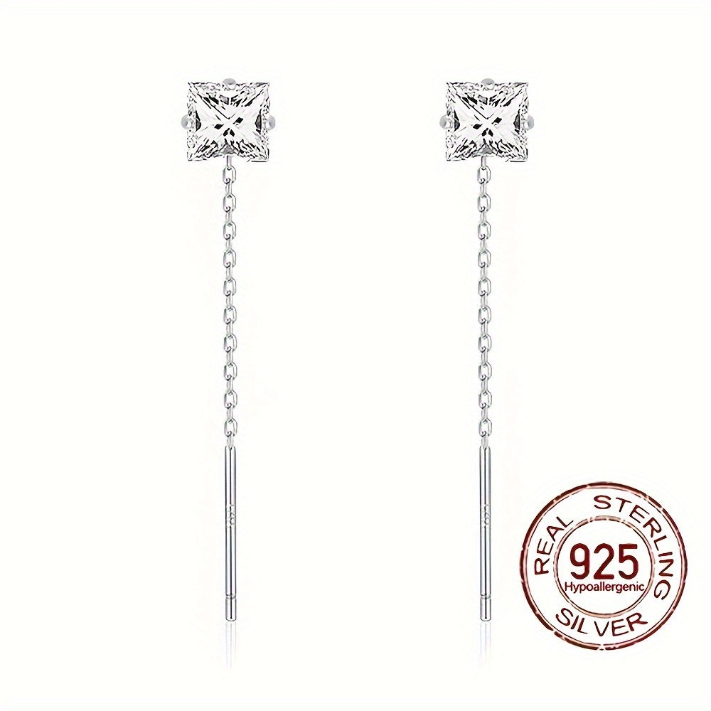 925 Sterling Silver Hypoallergenic Cube Earrings with Shiny Zirconia Decor, Chain Design Dangle, Elegant and Simple Style, Perfect Female Gift