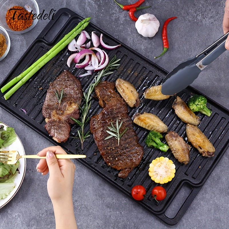 Introducing the Tastedeli 45.72x25.4cm Pre-Seasoned Cast Iron Double Grill/Griddle! Ideal for Outdoor Camping, Picnics & BBQs - TASTEDELI