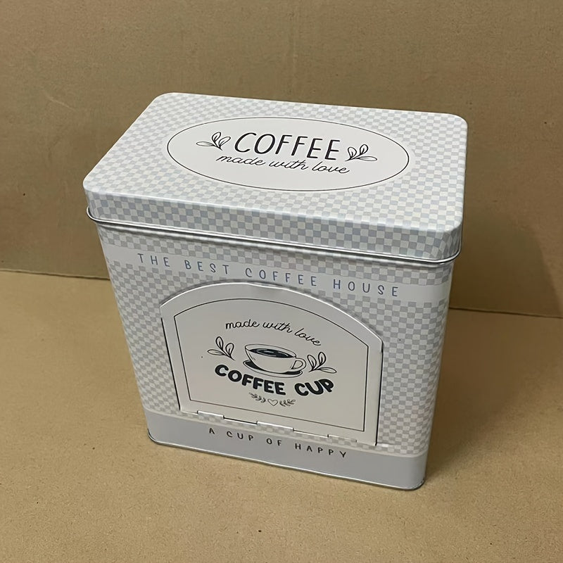 Vintage American style metal coffee tin can dispenser with side opening and rectangular desktop storage box for home and office use.