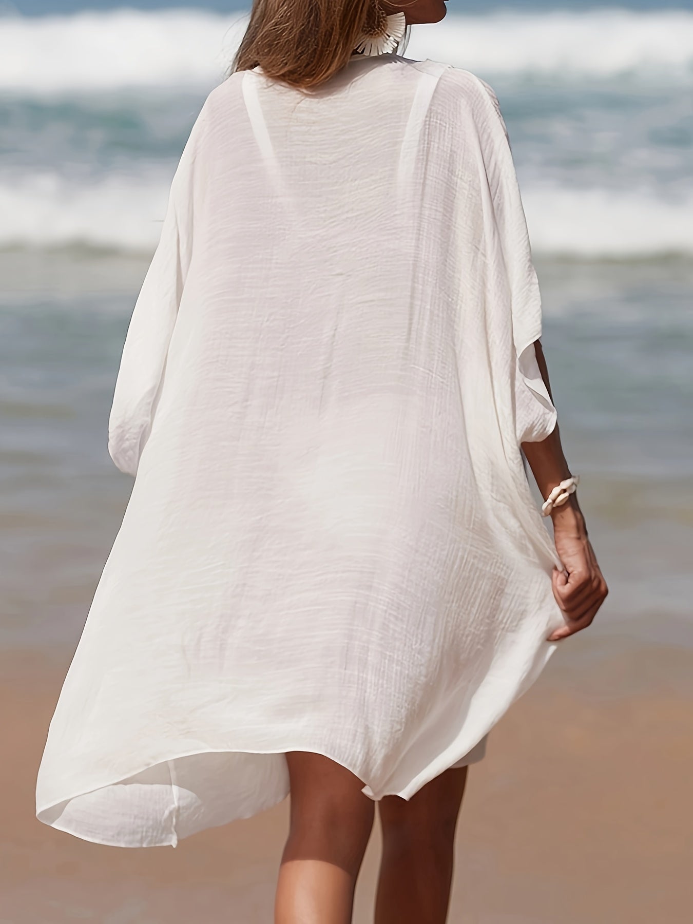 Casual V Neck Crochet Trim Cover Up Dress for Beach Holiday