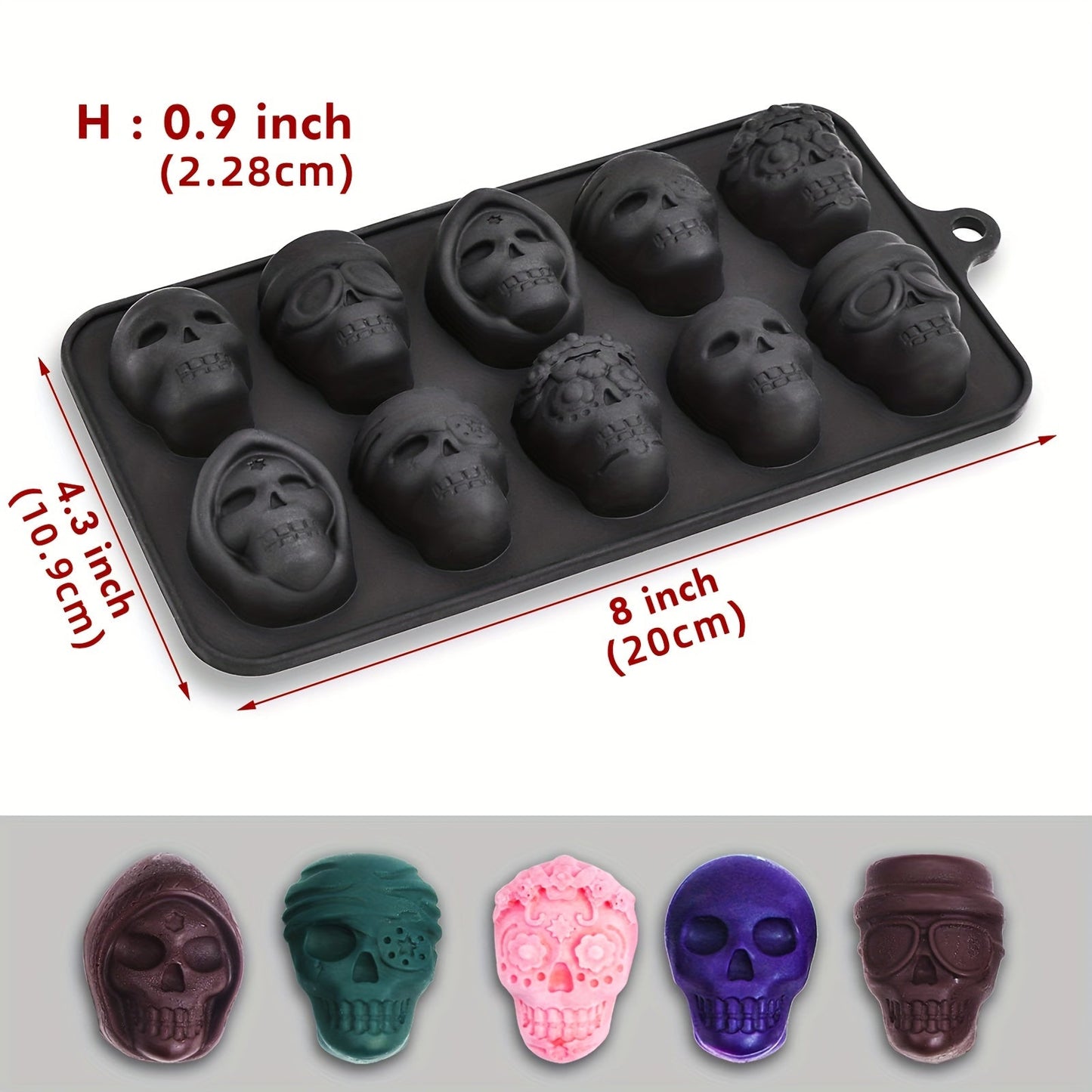 One piece or two pieces of a Halloween skull chocolate mold, featuring a 3D silicone design with 10 cavity candy mold for horror skull fondant. This baking tool is a kitchen gadget and accessory that also serves as Day of the Dead decor, measuring 4.32cm