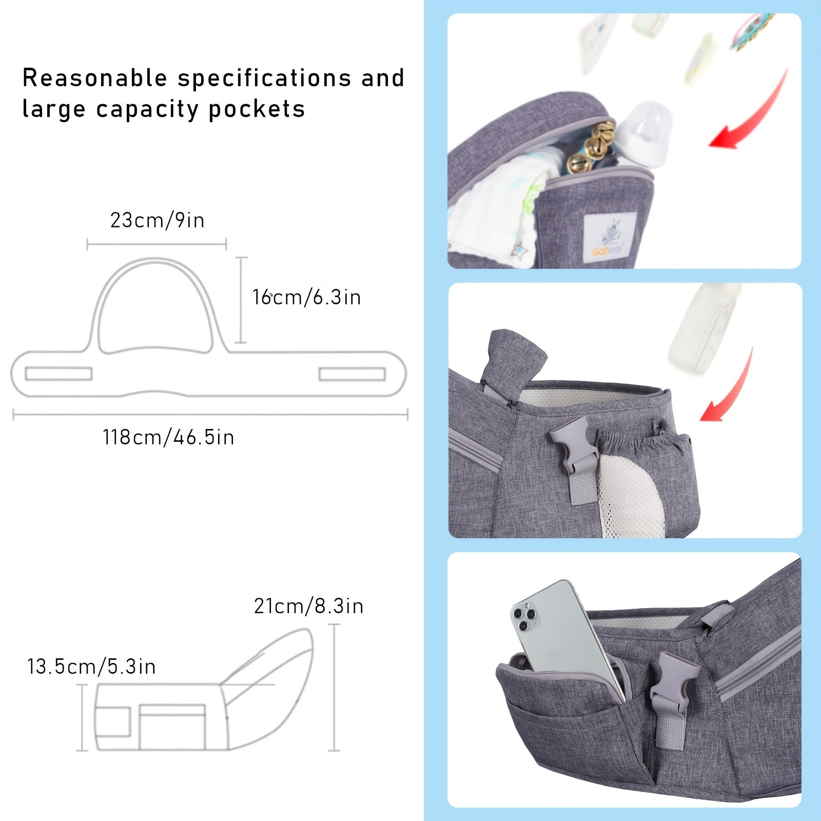 Multifunctional Gray Kids Carrier with Ergonomic Design - Includes Hip Seat, Shoulder Strap, Waist Belt & Storage Pocket - Made of Sturdy Polyester, Perfect for Active Parents - Great Gift for Holidays