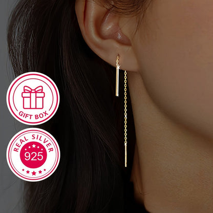 These stunning 925 sterling silver tassel earrings feature a sleek straight-line design and can be styled in multiple ways. Plated with 18k gold, they shine and sparkle brilliantly. Perfect for a Valentine's Day gift, they come beautifully packaged in a