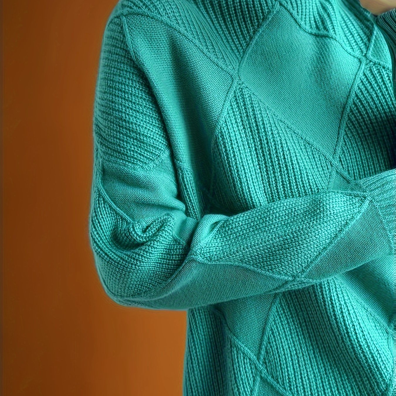 Women's Green Turtleneck Sweater made from durable knit material with diamond pattern, long sleeves for warmth in fall/winter, featuring a glossy finish and chunky yarn.