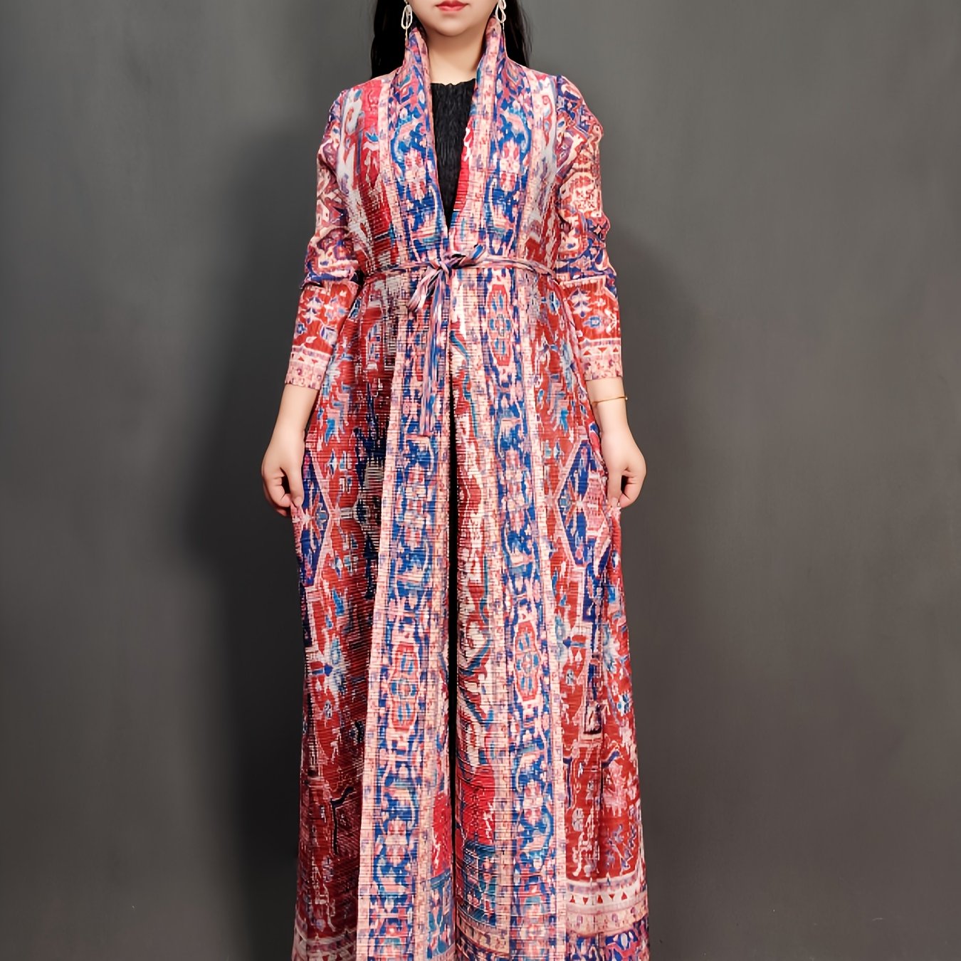 Stylish Blue & Black Floral Print Maxi Kaftan Dress - High stretch, pleated craftsmanship, long sleeve with tie waist for women, ideal for Ramadan & all seasons