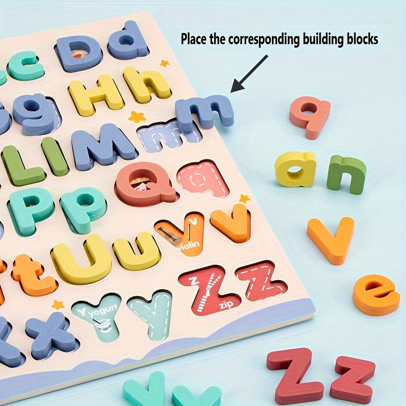 Wooden Alphabet Puzzle Board for Kids - 52pcs, includes Uppercase & Lowercase Letters - Educational Toy for Cognitive Development - Ages 3+