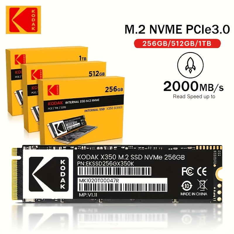 Твердотельный накопитель Kodak SSD M2 NVME, доступный в вариантах 1TB, 512GB и 256GB с скоростью чтения до 2000MB/s для ноутбуков и настольных компьютеров.