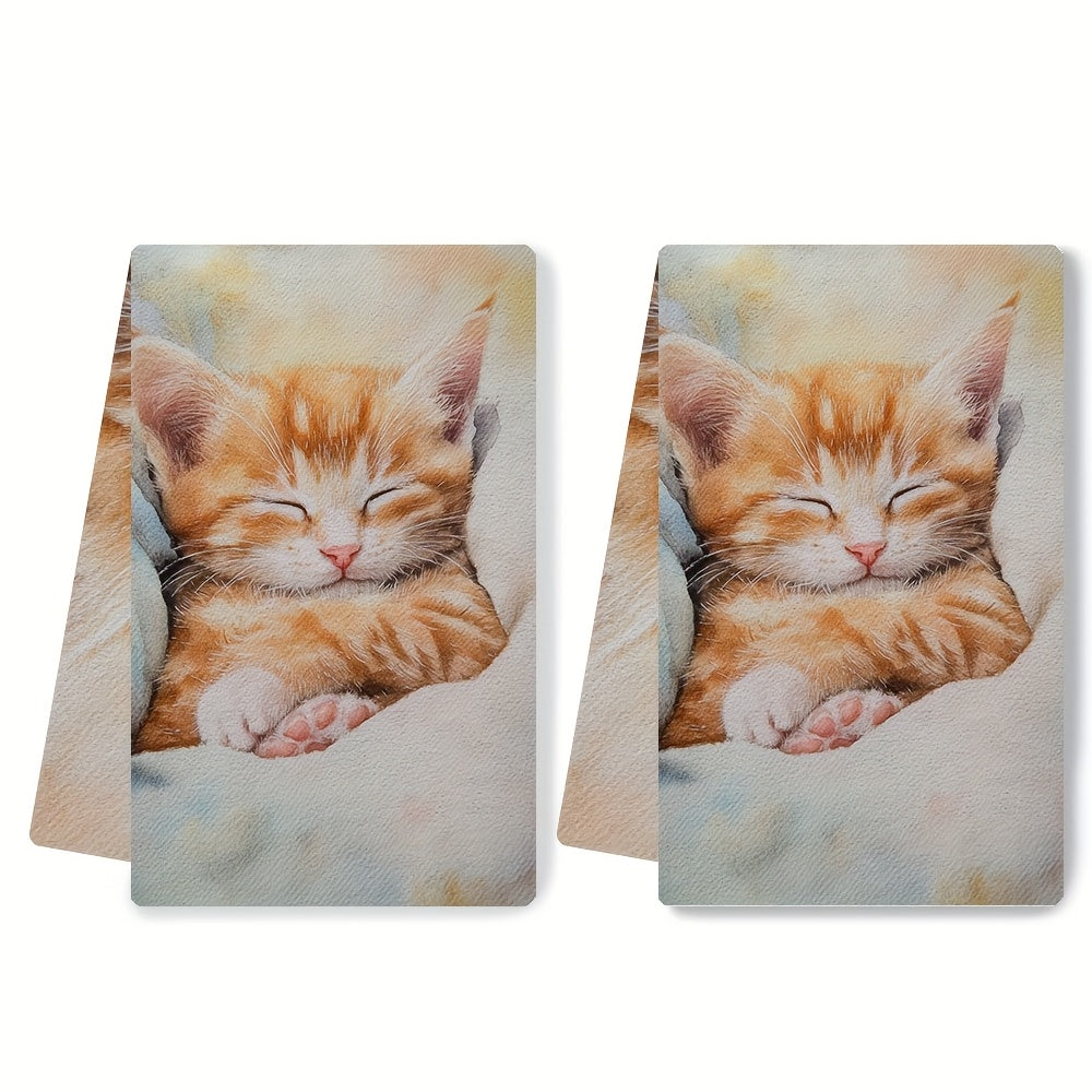 Two Ultra Soft Kitchen Towels Featuring Adorable Kitten Design - Exceptionally Absorbent, Delicate Purr Theme, Easy to Clean Dish Hand Towels, 40.64x60.96 cm - Ideal for Holiday Decoration & Daily Use, Dish Towels