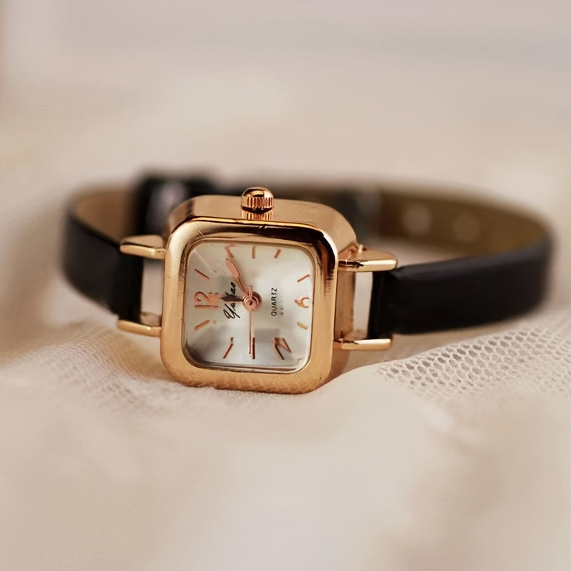 Sleek design mini square quartz watch with faux leather strap for women.