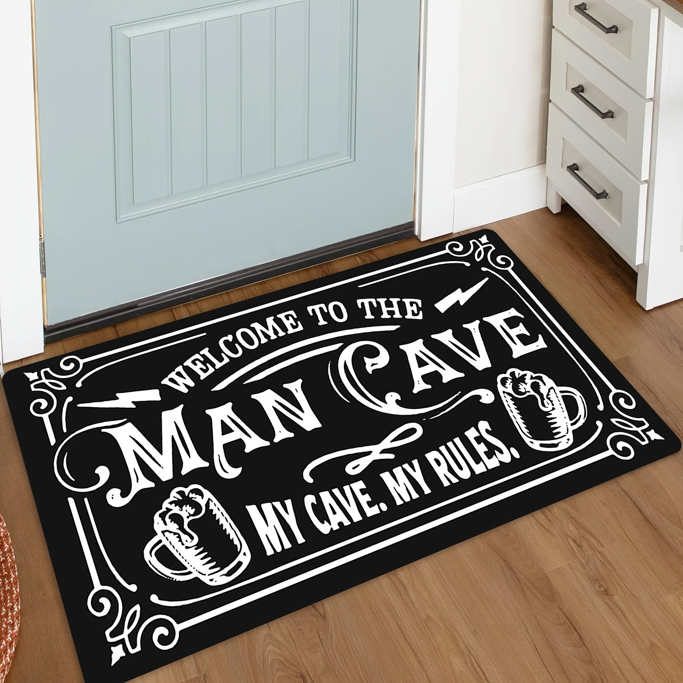 Rectangular "Welcome to the Man Cave" Door Mat - Perfect for Christmas, Halloween, Easter, Hanukkah, Thanksgiving Decor. Made of Polyester, Machine Washable, Non-Slip, Indoor Entrance Bath Rug - Ideal for Home Kitchen Decor. 1pc.