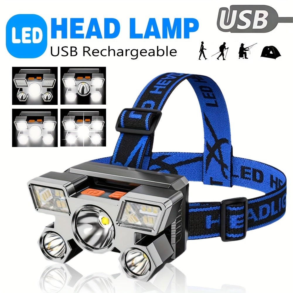 Portable LED headlamp for camping, hiking, fishing, and walking, rechargeable via USB.