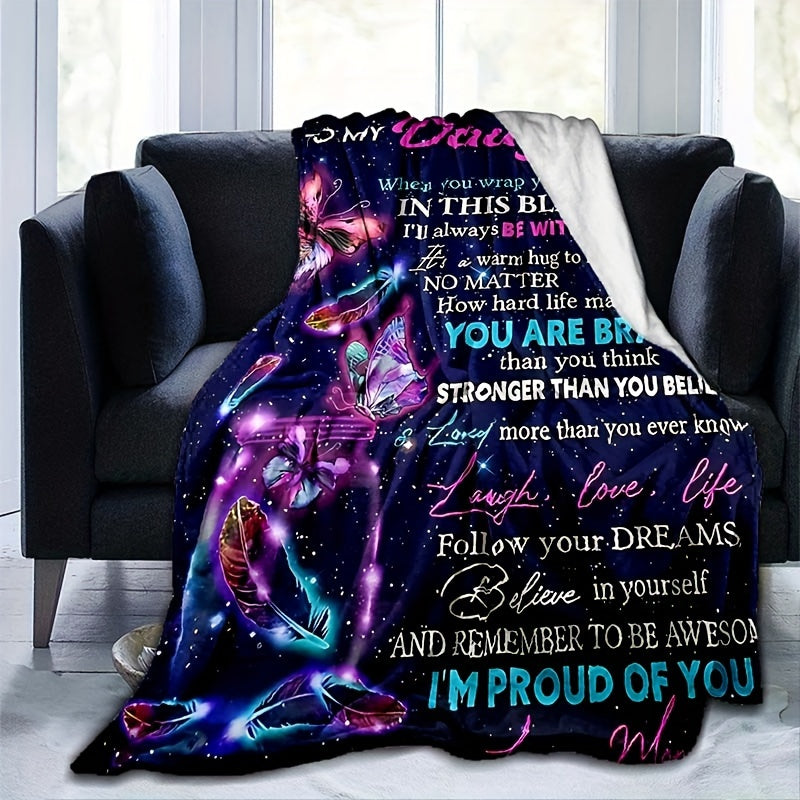 One purple envelope blanket for my daughter, perfect for lounging on the sofa, bed, or travel adventures. This lightweight flannel throw is great for camping, living room gatherings, the office, couch, chair, and of course, the bed. Featuring digital