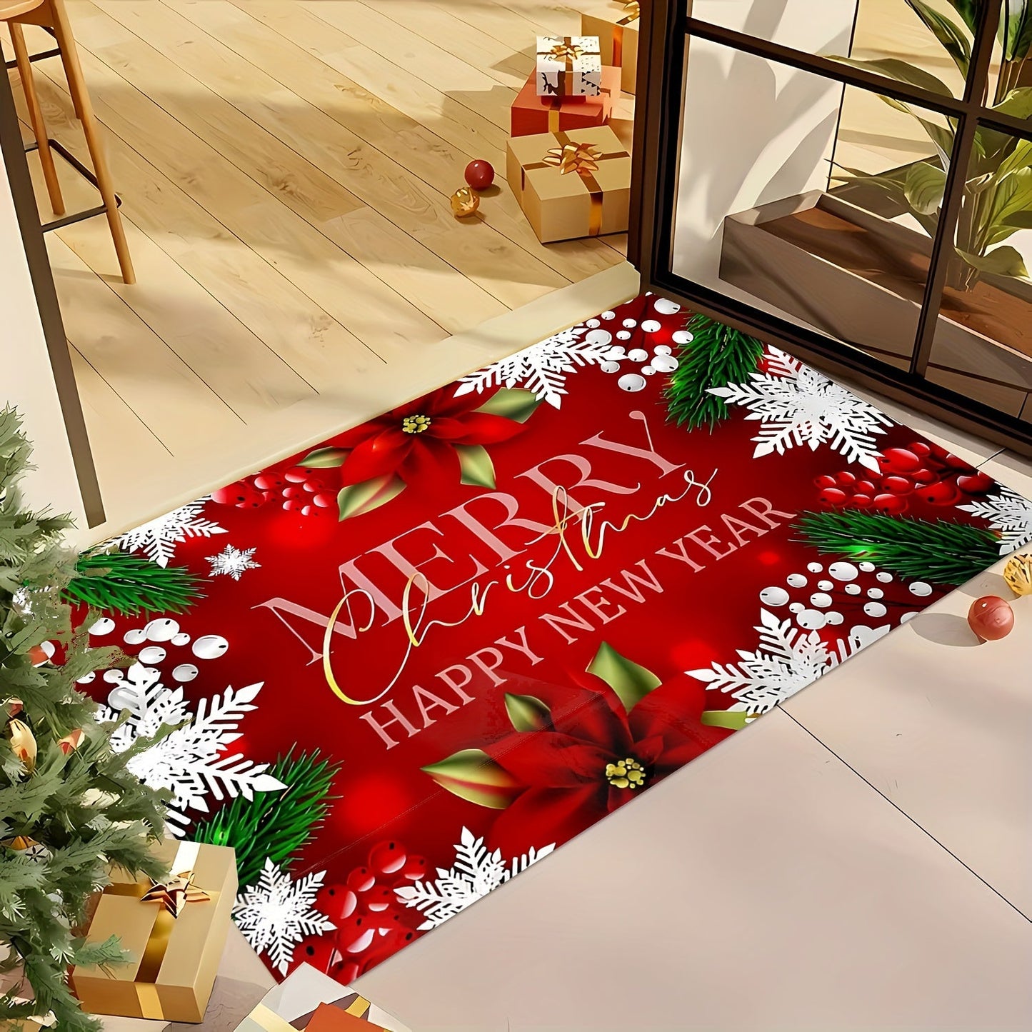 Christmas Red Door Mat - Large Non-Slip Entrance Rug - Indoor/Outdoor Camping Carpet - Absorbent Flannel Material - Machine Washable - 0.47-inch Thick - 600g/m² - Rectangular - Anti-Stain - Anti-Slip - Floral Pattern - Holiday Home Decor - Bedroom