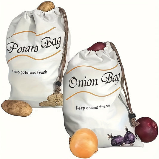 Two reusable vegetable bags designed for storing food safely with a drawstring. These bags are perfect for keeping potatoes, onions, and root veggies fresh for a longer period of time while preventing sprouting. An essential accessory for organizing your