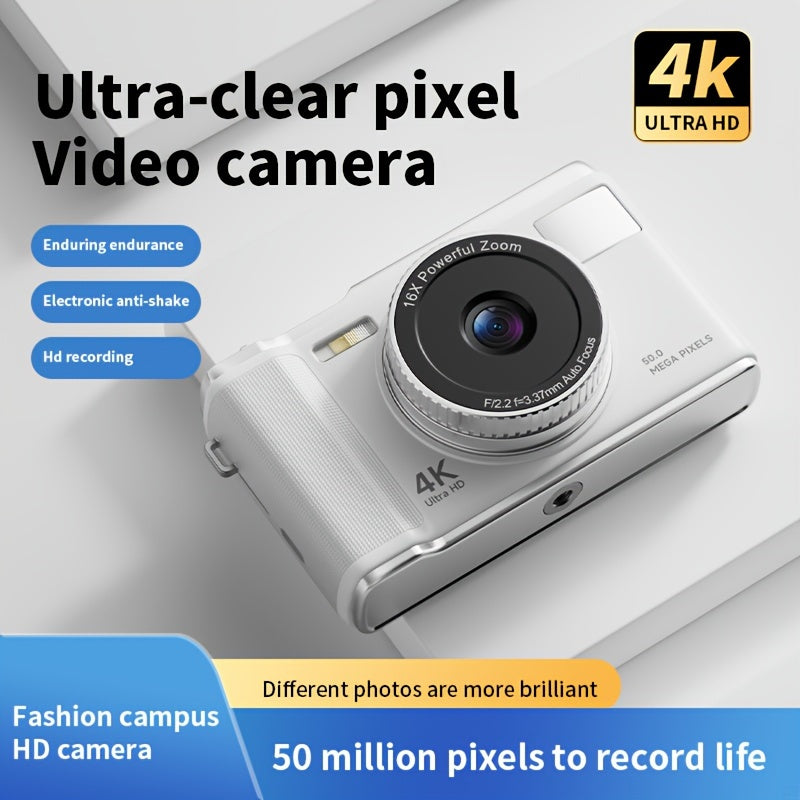 Compact digital camera with 4K resolution, 16X automatic zoom, LED flash, 7.11cm FHD screen, and 32GB SD card, ideal for teenagers and students.