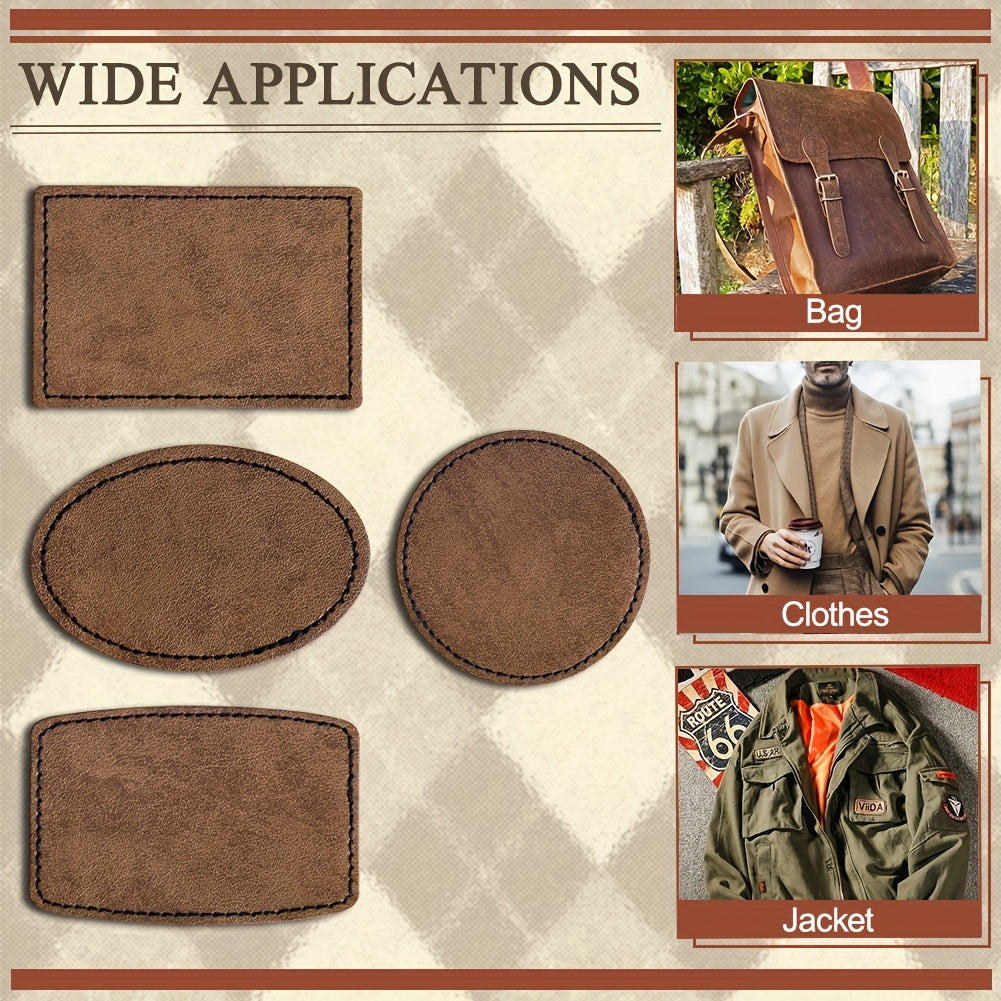 60 pieces of blank leather hat patches with adhesive, laser leatherette material in brown. These faux leather patches are perfect for hats, jackets, and backpacks. They come in multiple shapes and mixed styles, including round, oval, rectangle, and