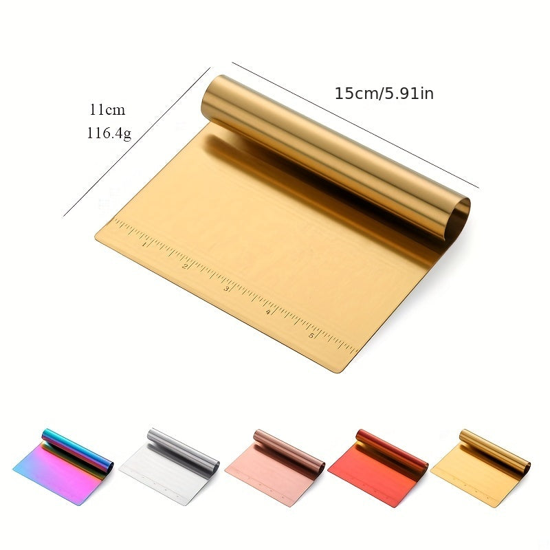 The Golden Fantasy Color Scraper is a versatile kitchen tool that comes in multiple colors. With its scale for easy operation, this scraper effortlessly shaves surfaces.