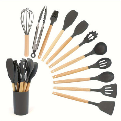 12-piece silicone cooking utensil set with non-stick spatula and spoon, featuring lightweight wooden handles for baking and cooking.