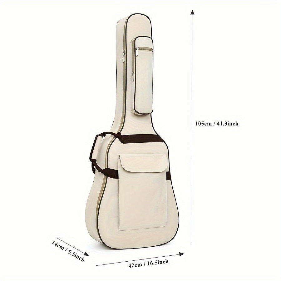 Durable waterproof 10mm padded gig bag for 40/41 inch guitars in beige and coffee colors. Made of 600D Oxford fabric with neck strap, adjustable shoulder straps, and front pocket. Ideal for