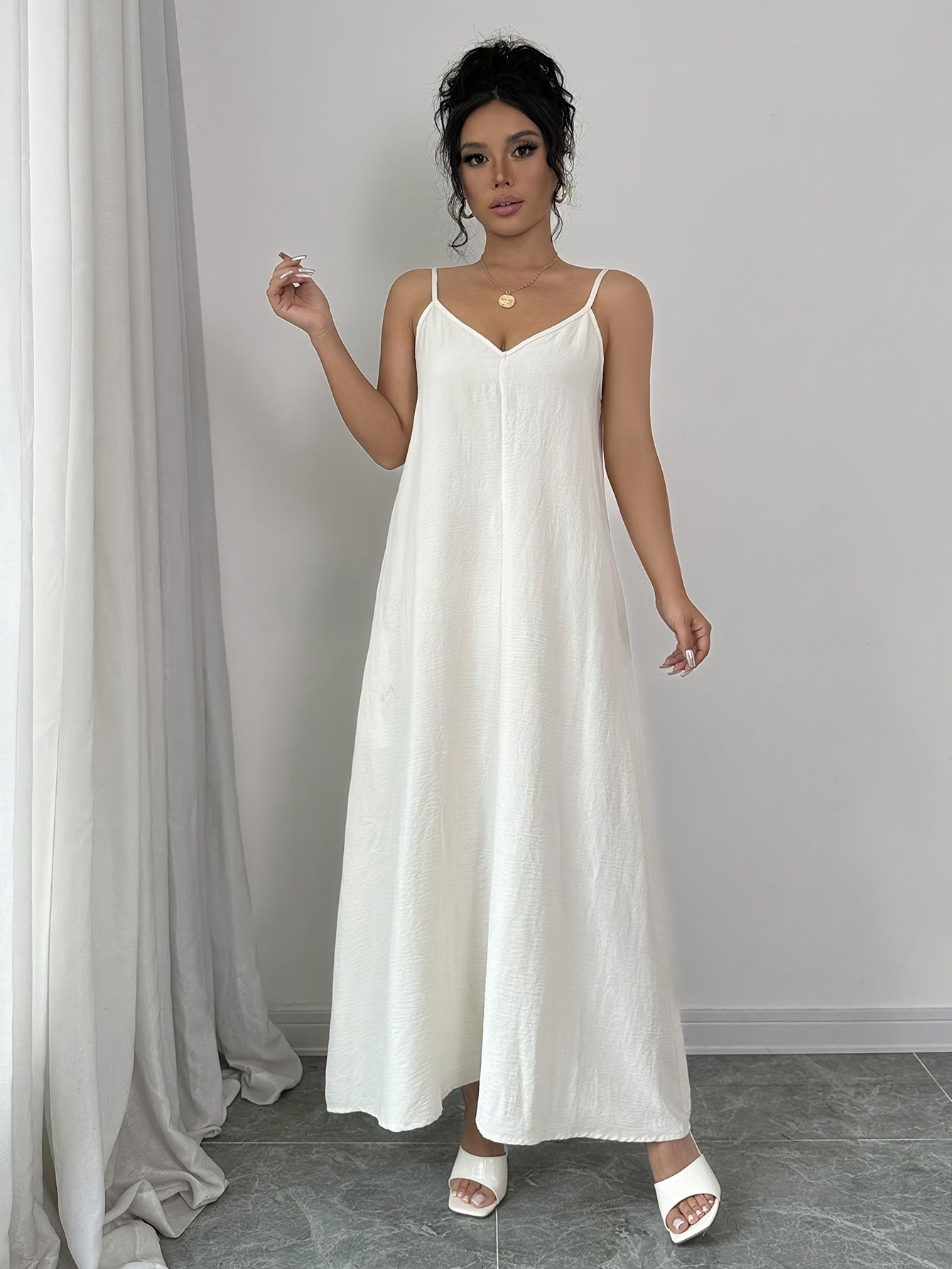 White V-Neck Maxi Dress, Solid Color Slip Dress.