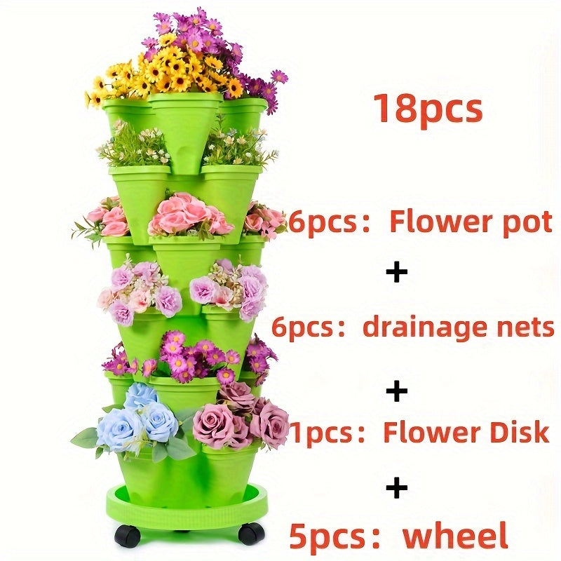 1 set of 6-tier stackable planters with 18 pieces, made of durable plastic with moving wheels and tools. Ideal for growing flowers, herbs, strawberries, and vegetables in indoor or outdoor