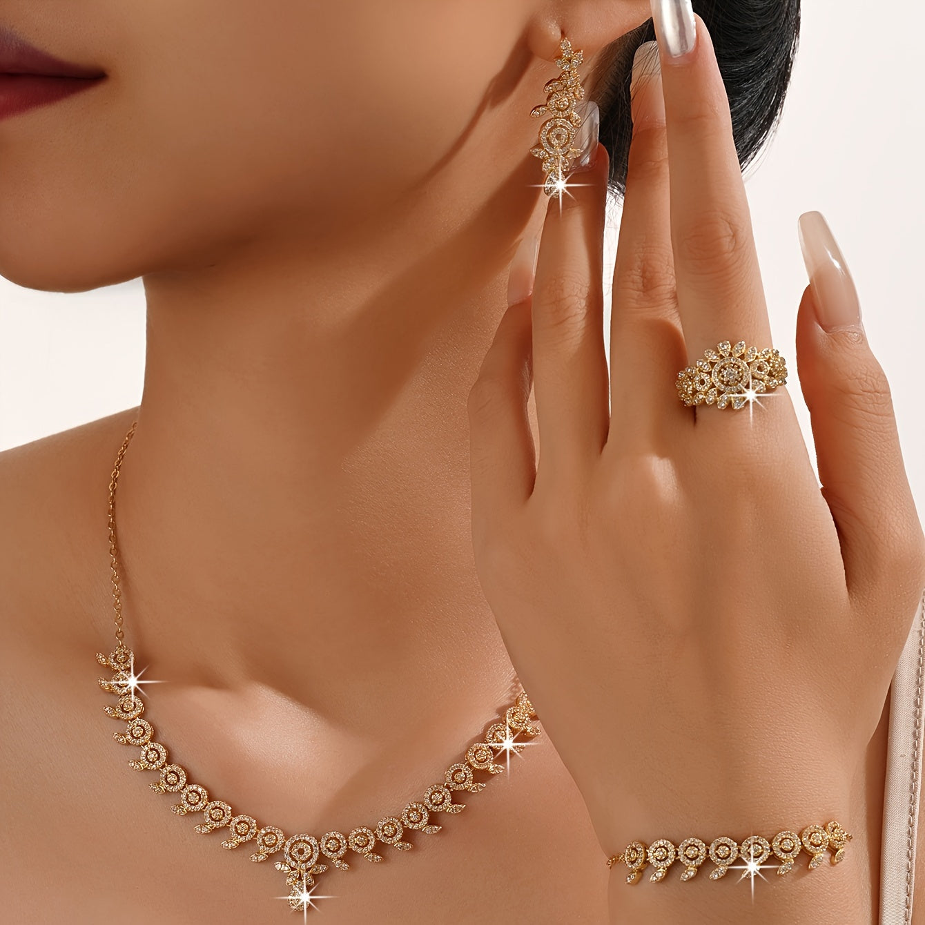 Luxurious Floral Jewelry Set featuring 5 pieces, made with 18K Gold Plated Copper, adorned with Synthetic Zirconia stones in a Leaf and Teardrop design. This set includes a Necklace, Bracelet, Earrings, and an Adjustable Ring, perfect for Women to wear