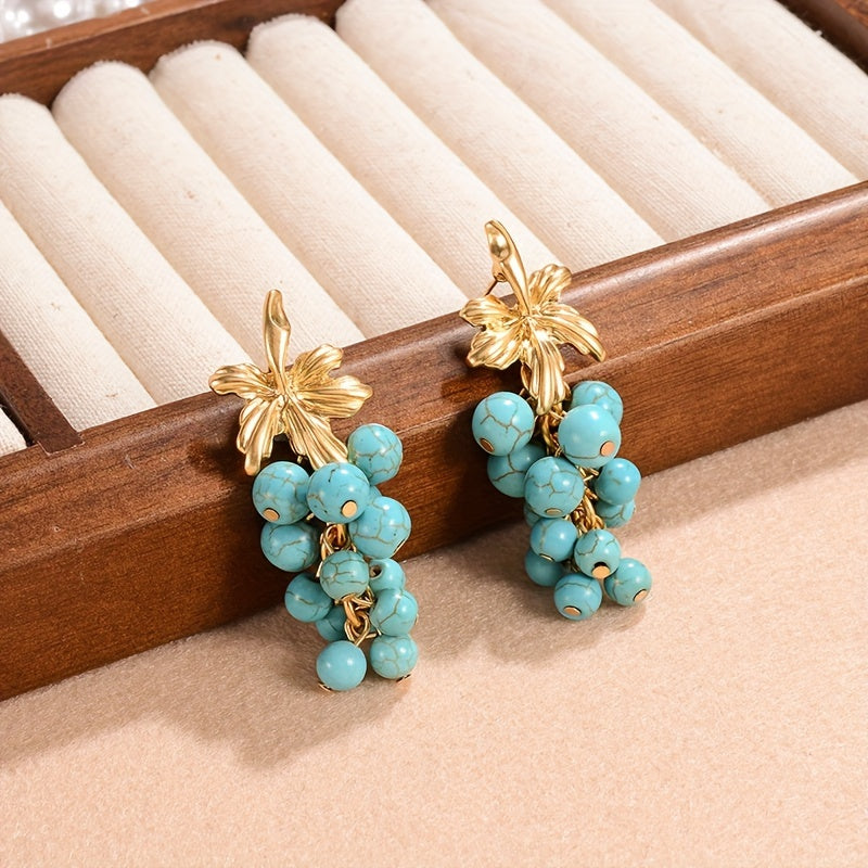 Vintage boho style turquoise cluster drop dangle earrings for women plated in 18K gold, featuring fashion alloy grape bunch tassel design with silver ear needle. Perfect for daily wear and special party occasions, exuding elegance.