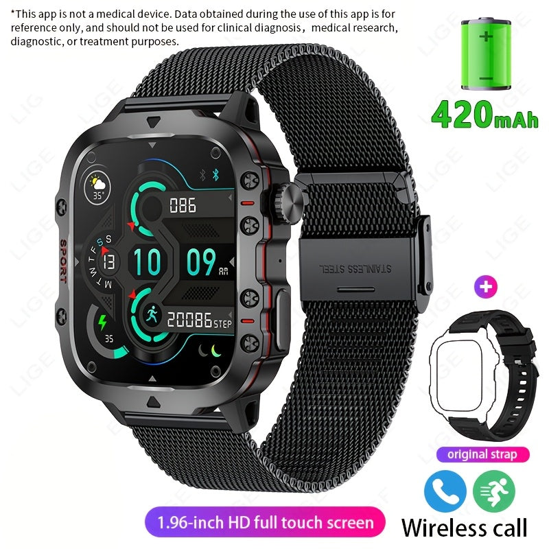 LIGE Men's Smart Watch features Voice Assistant, IP67 Water Resistance, Sports Strap, 100+ Exercise Modes, Rechargeable Battery, Weather and Flashlight Features, Alarm Clock, Calculator, Zinc Alloy Case, and USB/Battery Power.