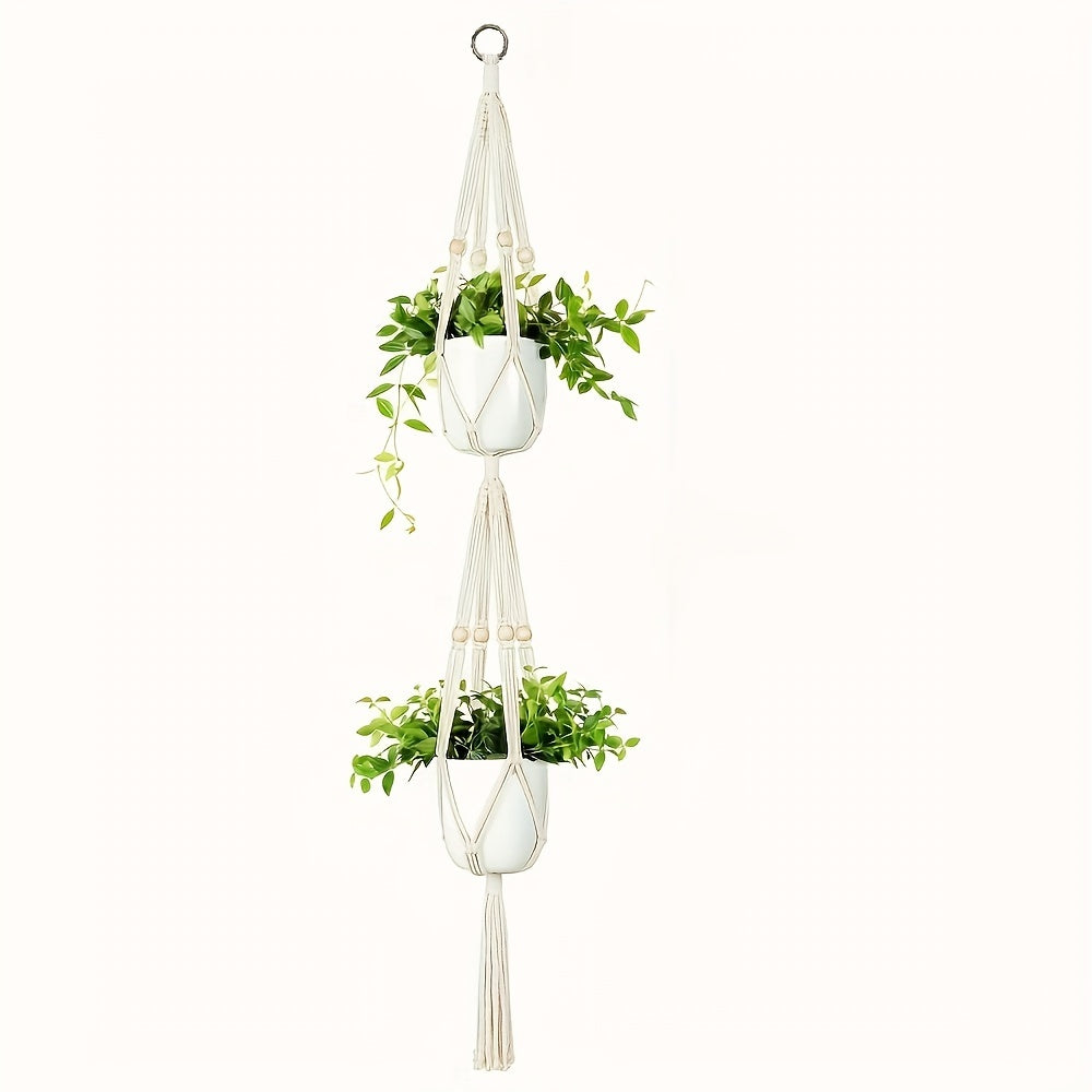 Macrame double plant hanger, indoor/outdoor use, 2 or 3 tier, cotton rope with beads, lengths 124.46 cm/177.8 cm.